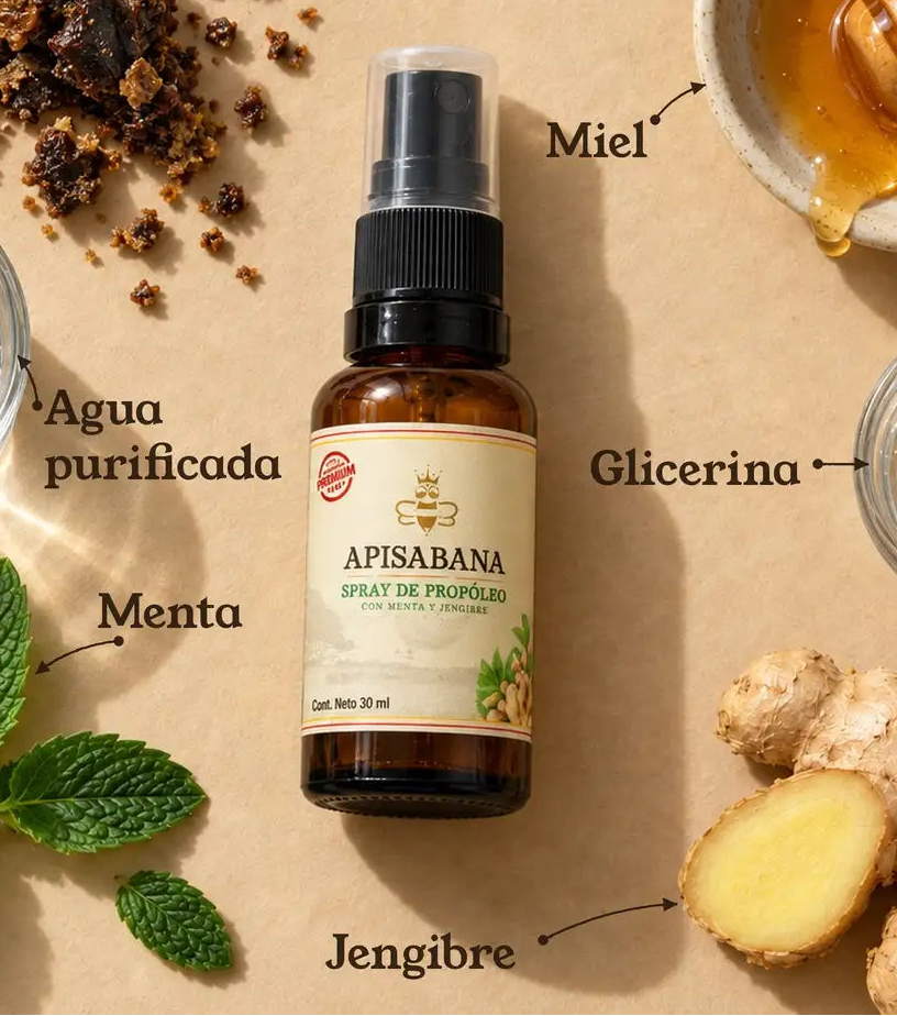 Ingredientes del spray: propóleo bruto, miel, agua purificada, glicerina, menta y jengibre